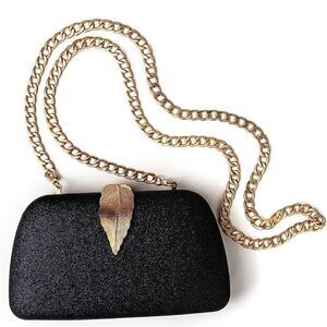 Black Evening Crossbody Clutch Purse with Gold Leaf Snap Luxury Vegan Leather